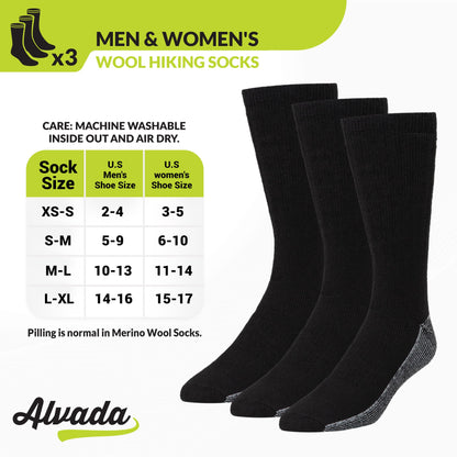 Alvada Merino Wool Hiking Socks Thermal Warm Crew Winter Boot Sock For Men Women 3 Pairs ML