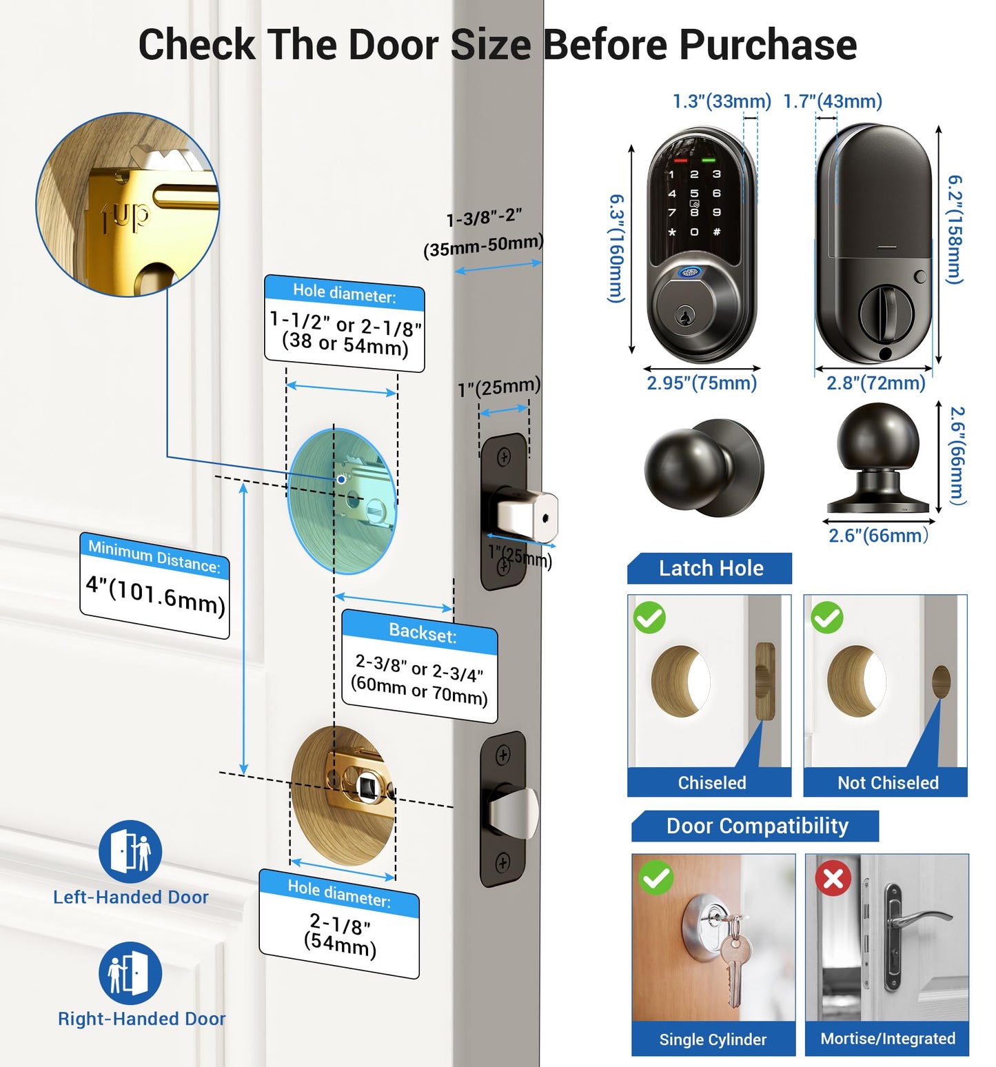 Veise Smart Locks for Front Door, 2 Knob Handle Set, Fingerprint Keyless Entry, App Control Biometric Door Lock, Electronic Digital Touchscreen Keypad Deadbolt, Easy Install, Auto Lock, Matte Black