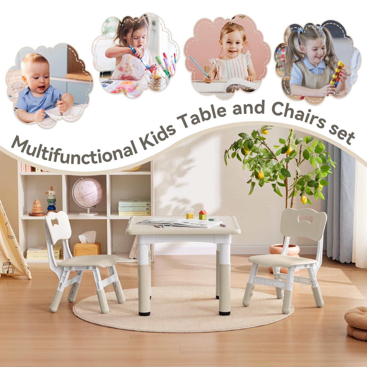 GITAWUSA Kids Study Table and Chairs Set, Height Adjustable Toddler Table and Chair Set for Kids Ages 3-8, 23.6" L x 23.6" W Graffiti Desktop Plastic Children Art Table with 2 Seats, Burlywood