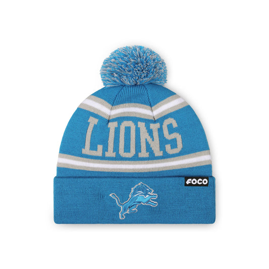 FOCO Detroit Lions NFL Logo Stripe Pom Beanie Hat, Team Color