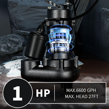 LANCHEZ 1HP 6600 GPH Submersible Sewage Pump, Heavy Duty Cast Iron Effluent Pump with Automatic Tethered Float Switch, Sump Pump for Sump Basin, Basement, Residential, 2" NPT Discharge