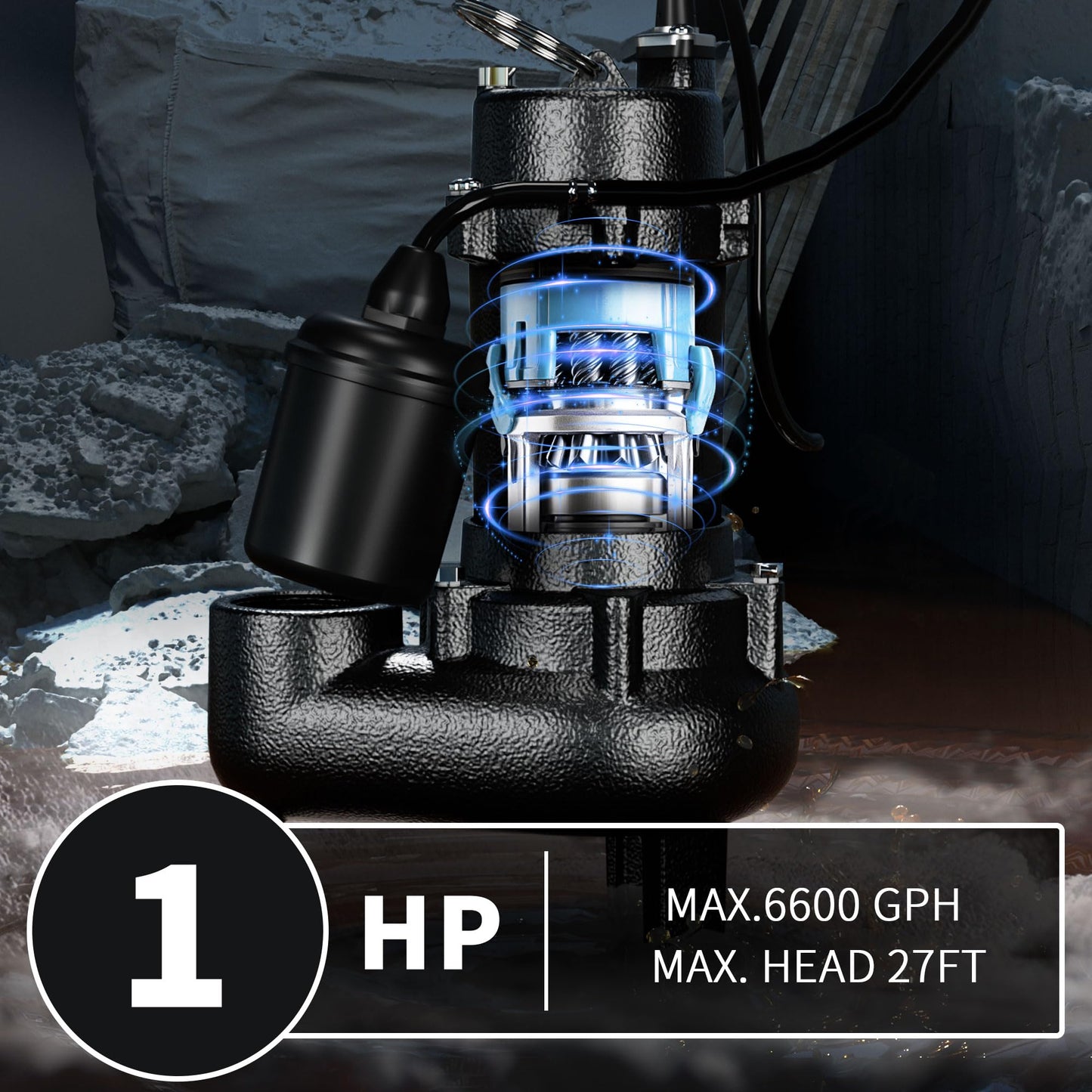 LANCHEZ 1HP 6600 GPH Submersible Sewage Pump, Heavy Duty Cast Iron Effluent Pump with Automatic Tethered Float Switch, Sump Pump for Sump Basin, Basement, Residential, 2" NPT Discharge