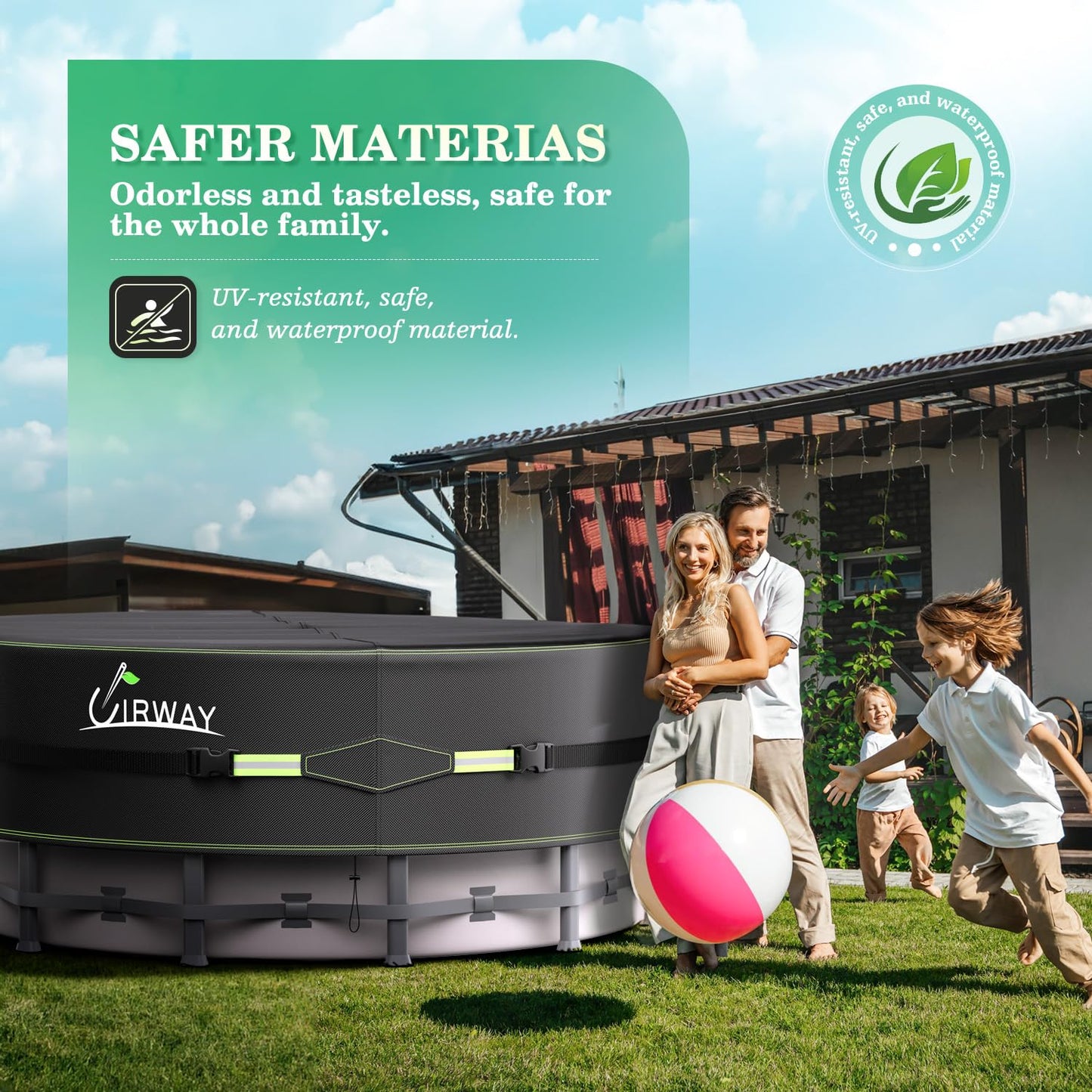 UIRWAY 8 Ft Round Pool Cover with Reflective Strips, Swimming Pool Cover for Above Ground Pools, Solar Covers Including Rope Tie and Luminous Ground Nails, PU Tarp Snug Fit for UV Protected