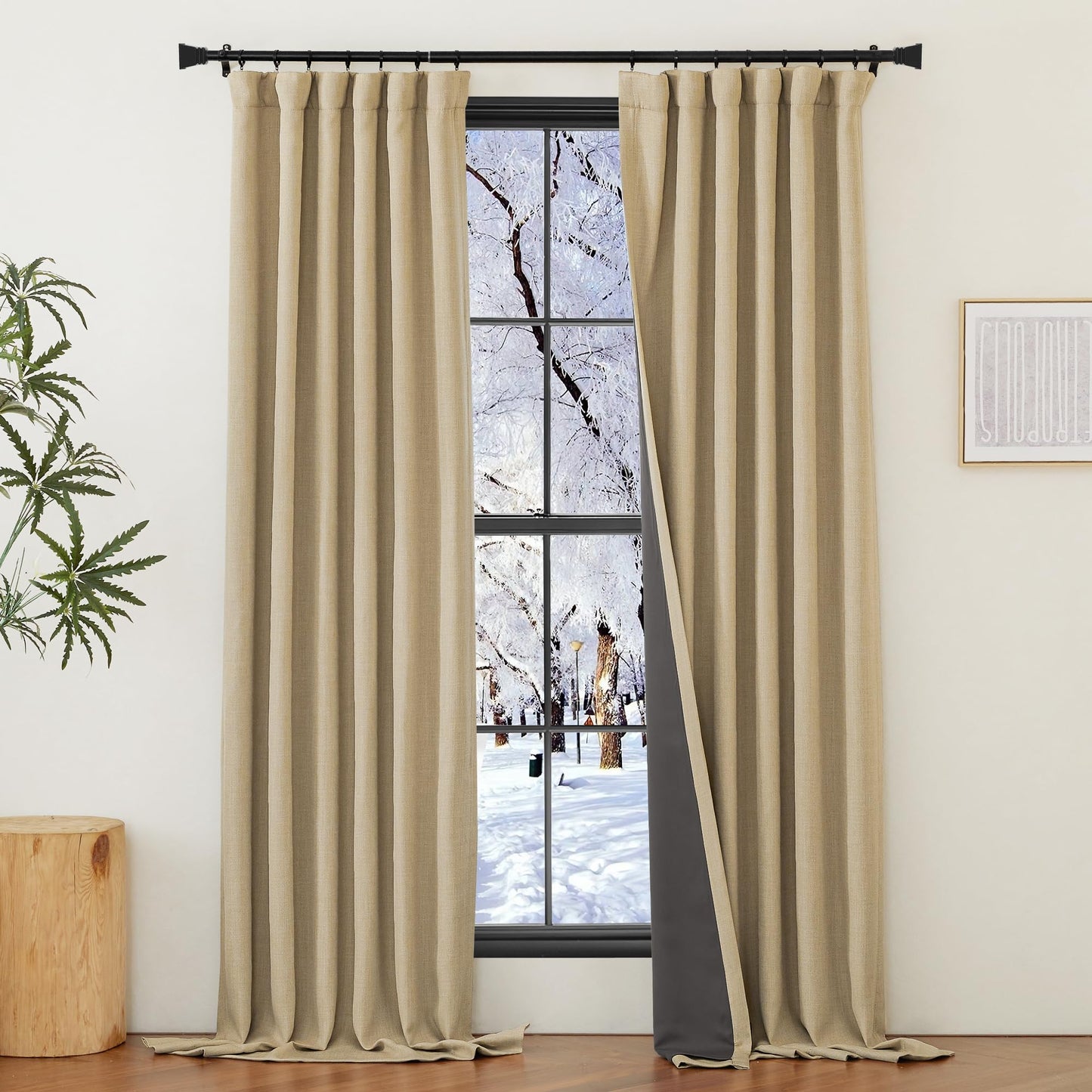 NICETOWN 100% Blackout Faux Linen Curtains for Bedroom, Pinch Pleated Cold/Sun Blocking Thermal Curtains Thick Window Treatments for Living Room/Farmhouse, Oatmeal, 2 Panels, W50 x L96