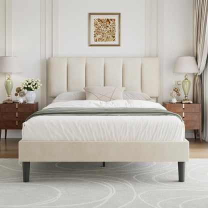 VECELO Queen Size Bed Frame with Upholstered Headboard, Pale Beige