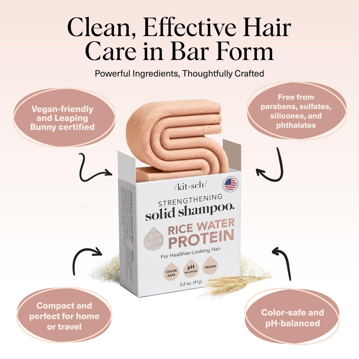 Kitsch Rice Water Shampoo Bar for Hair Growth – Strengthening Hair Shampoo for Men and Women – Reduce Breakage, Boosts Shine – Paraben, Silicone & Sulfate-Free, Vegan Hair Care - 3.2 oz