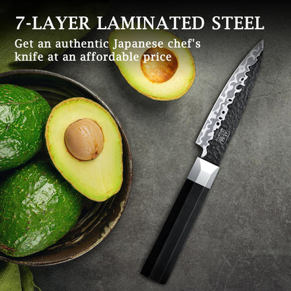 SHAN ZU Japanese Paring Knife 3.7 Inch, 7 Layers 9CR18MOV High Carbon Steel Small Kitchen Knife Ultra Sharp Fruit Knife with Ergonomic G10 Handle,Petty Utility Knife for Slicing/Chopping/Dicing