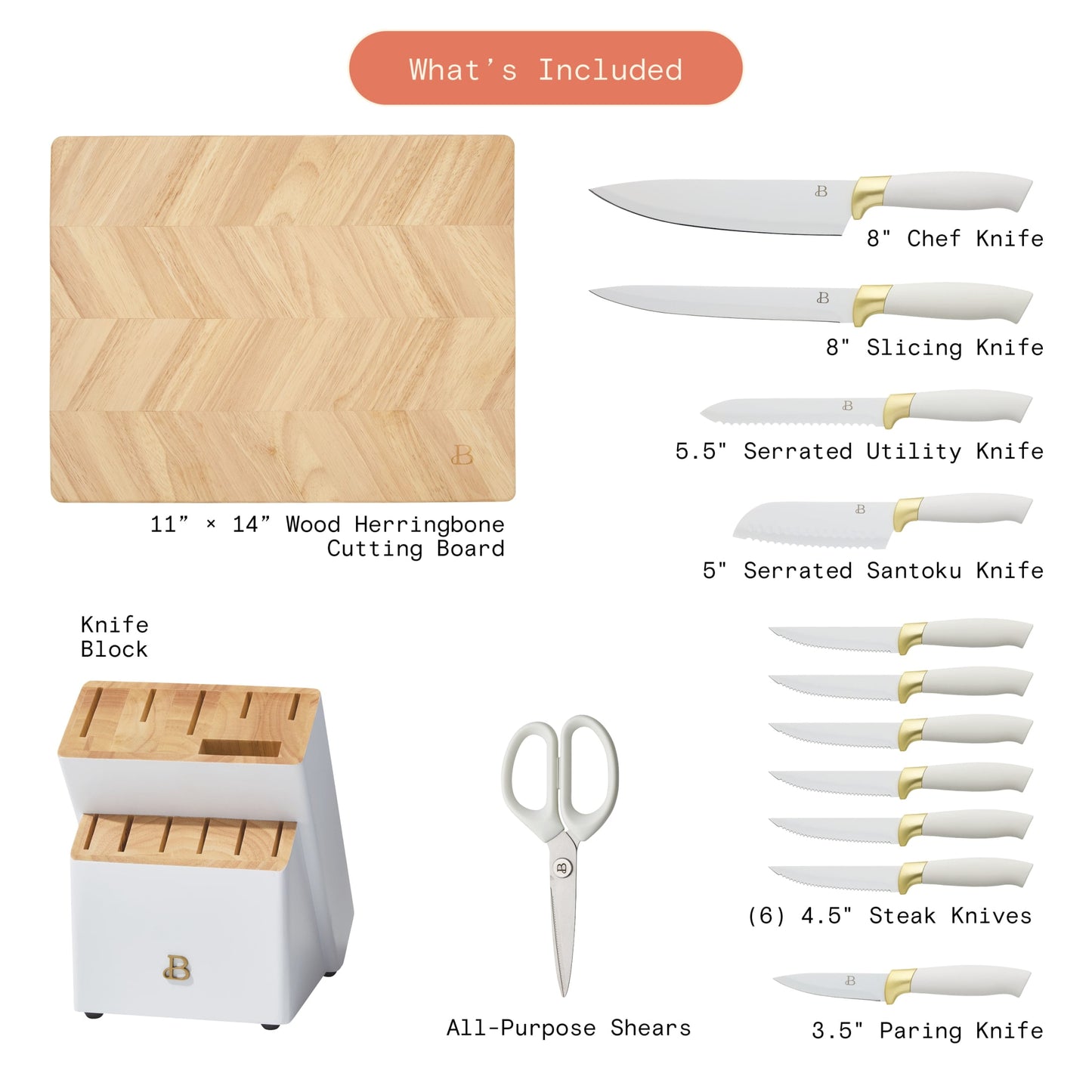 Beautiful 14-Piece White & Gold Knife Block Set with 11x14 Herringbone Wood Cutting Board by Drew Barrymore