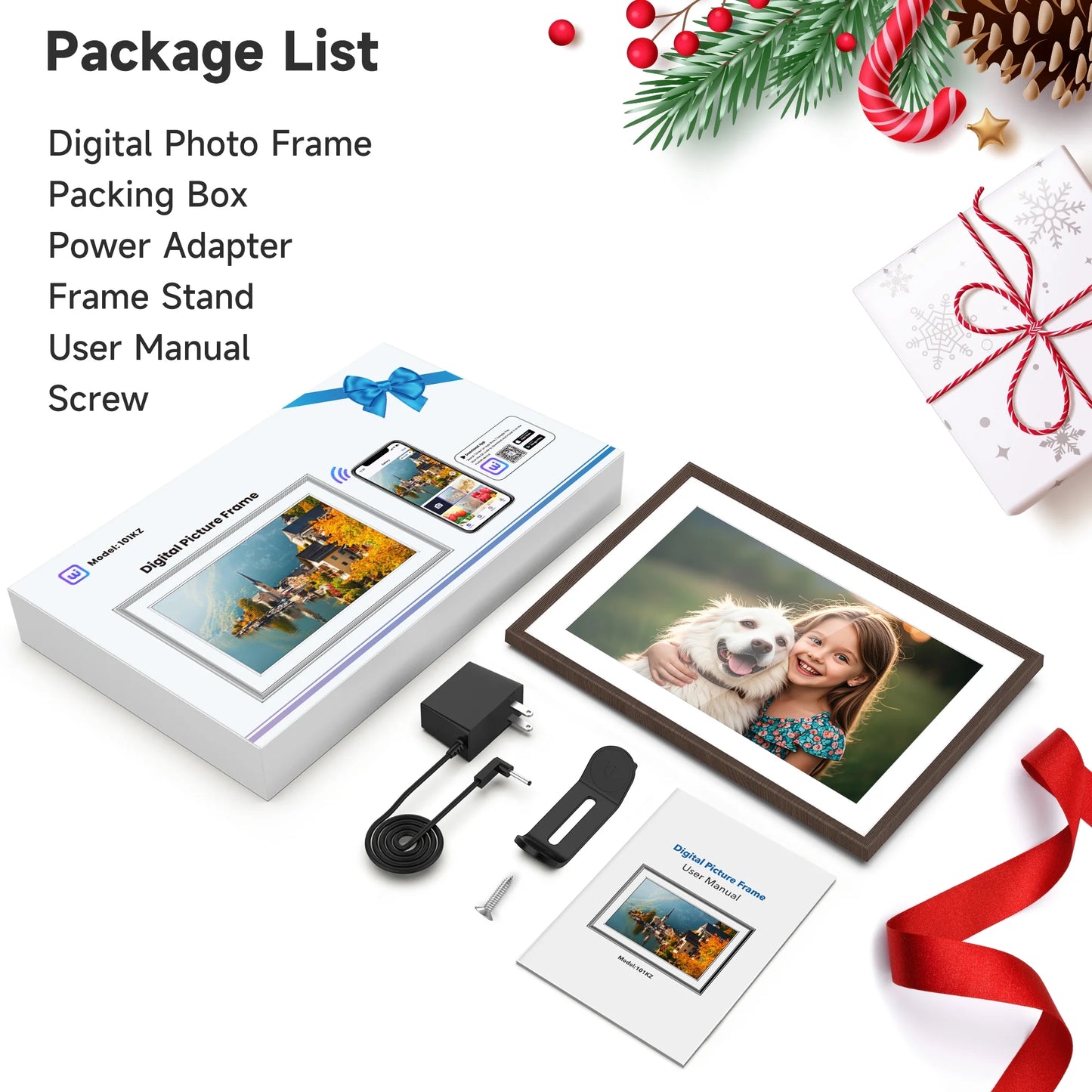 GIROOL Digital Picture Frame WiFi, Electronic Photo Frame with 10.1” IPS Smart Touch Screen, Built-in 32GB Memory, Share Anywhere via Uhale App, Perfect Gift! Woodgrain White