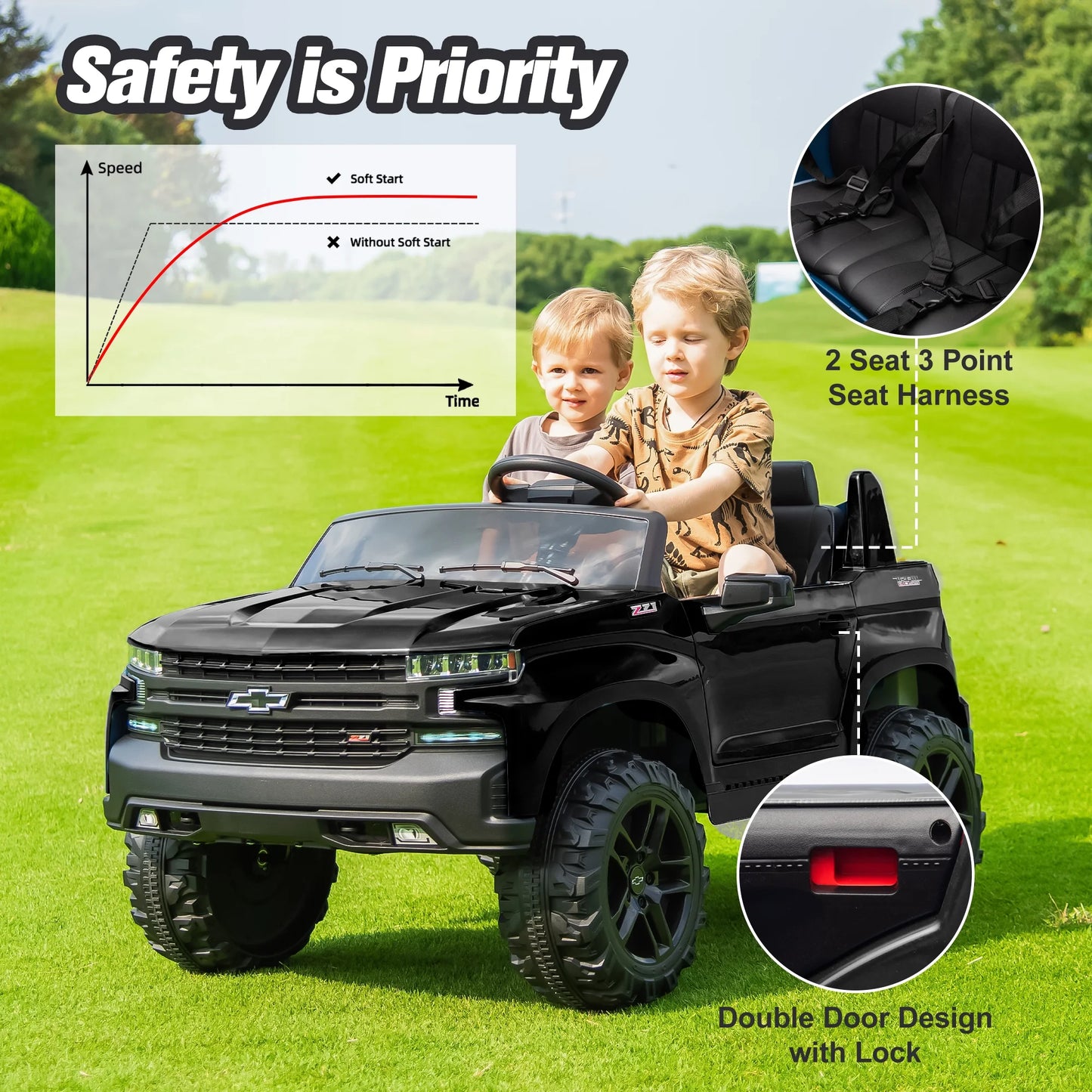 Chevrolet Silverado 24V Powered Ride on Cars for Kids, Extra large Real 2 Seat Ride on Toys with Remote Control, LED Light, MP3 Player, Electric Vehicles Ride on Truck for Boys Girls Gifts, Black