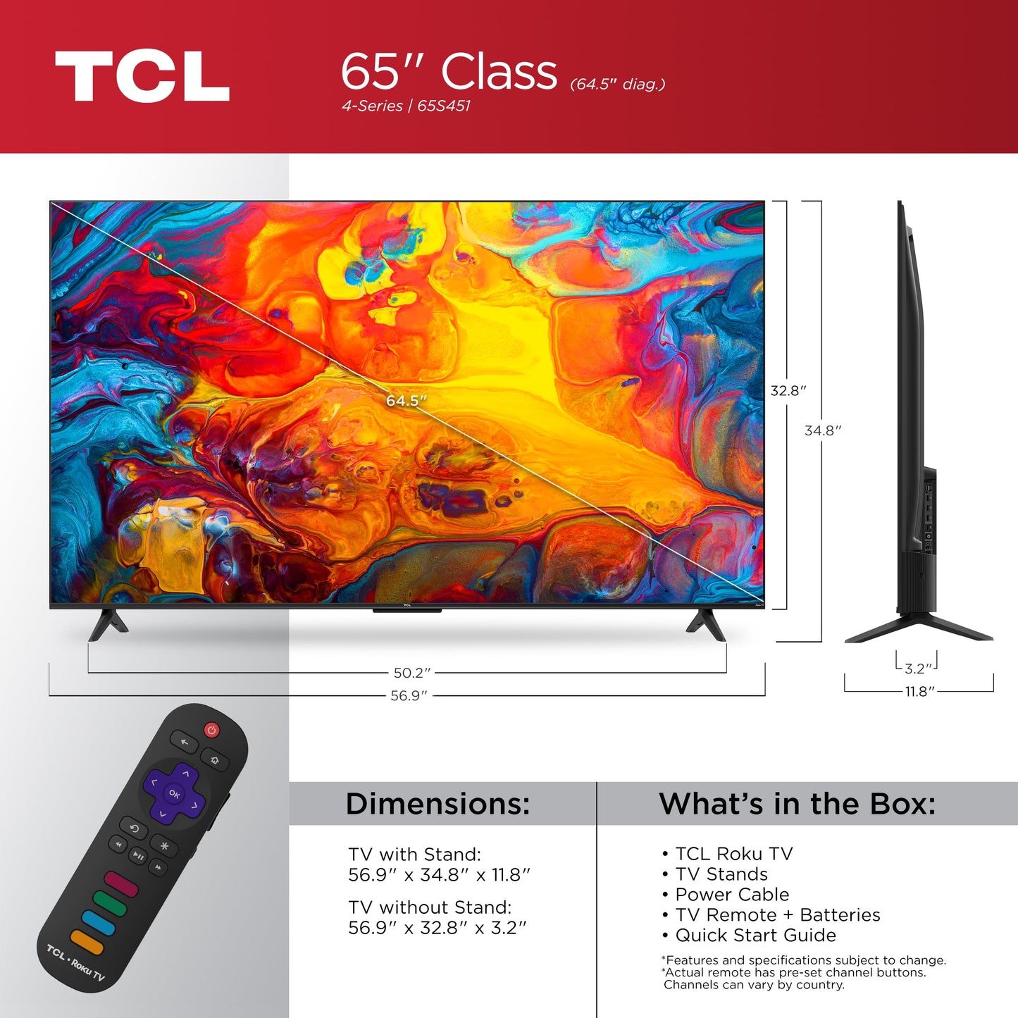 TCL 65” Class S4 (65S451) 4K UHD HDR Smart TV with Roku TV