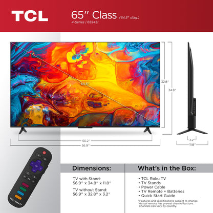 TCL 65” Class S4 (65S451) 4K UHD HDR Smart TV with Roku TV