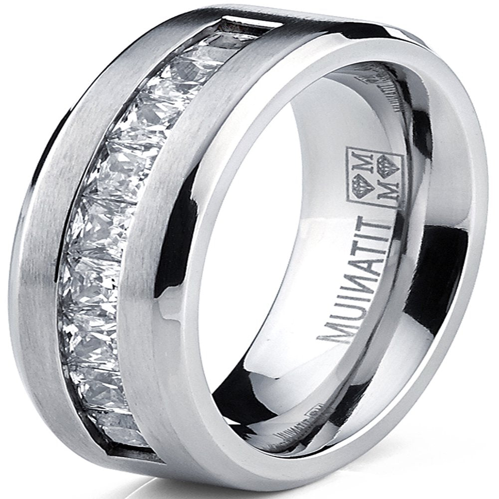 Metal Masters Titanium Men's .9Ct Wedding Band Engagement Ring 9 large Princess Cut Cubic Zirconia