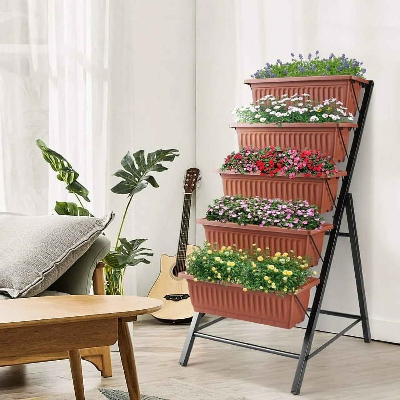 Funcid 4 ft Vertical Garden 5-Tier Raised Garden Bed Planter Box for Patio Balcony Flower Herb Freestanding Garden Planter Brown, 26"×22.75×45"