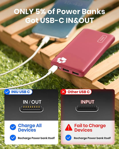 INIU 10000mAh Power Bank,Slimmest 15W Portable Charger, USB C in&Out High-Speed Charging Battery Pack, Compatible with iPhone and Samsung, Red