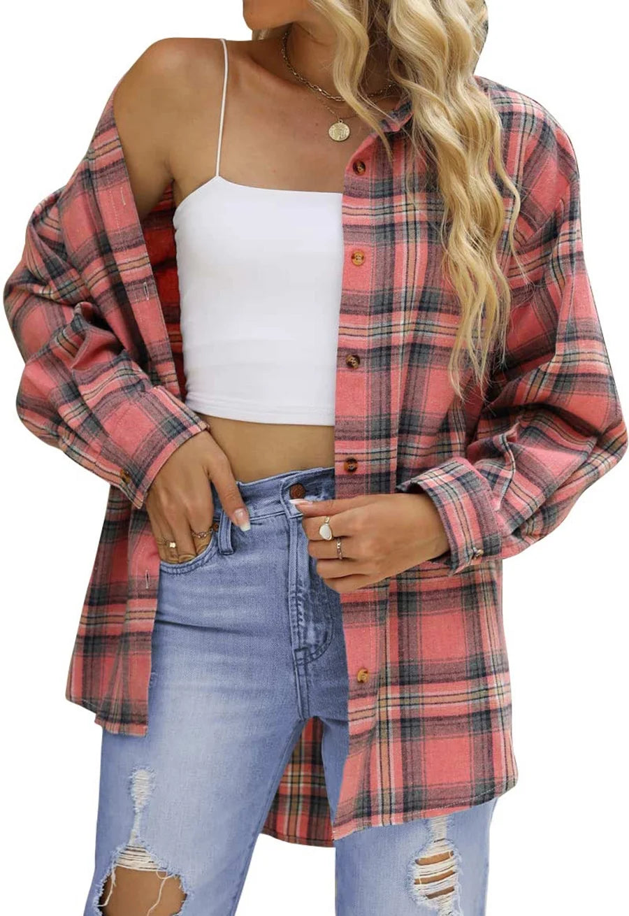 Fantaslook Plaid Flannel Shirts for Women Oversized Long Sleeve Button Down Shirts Blouses Tops