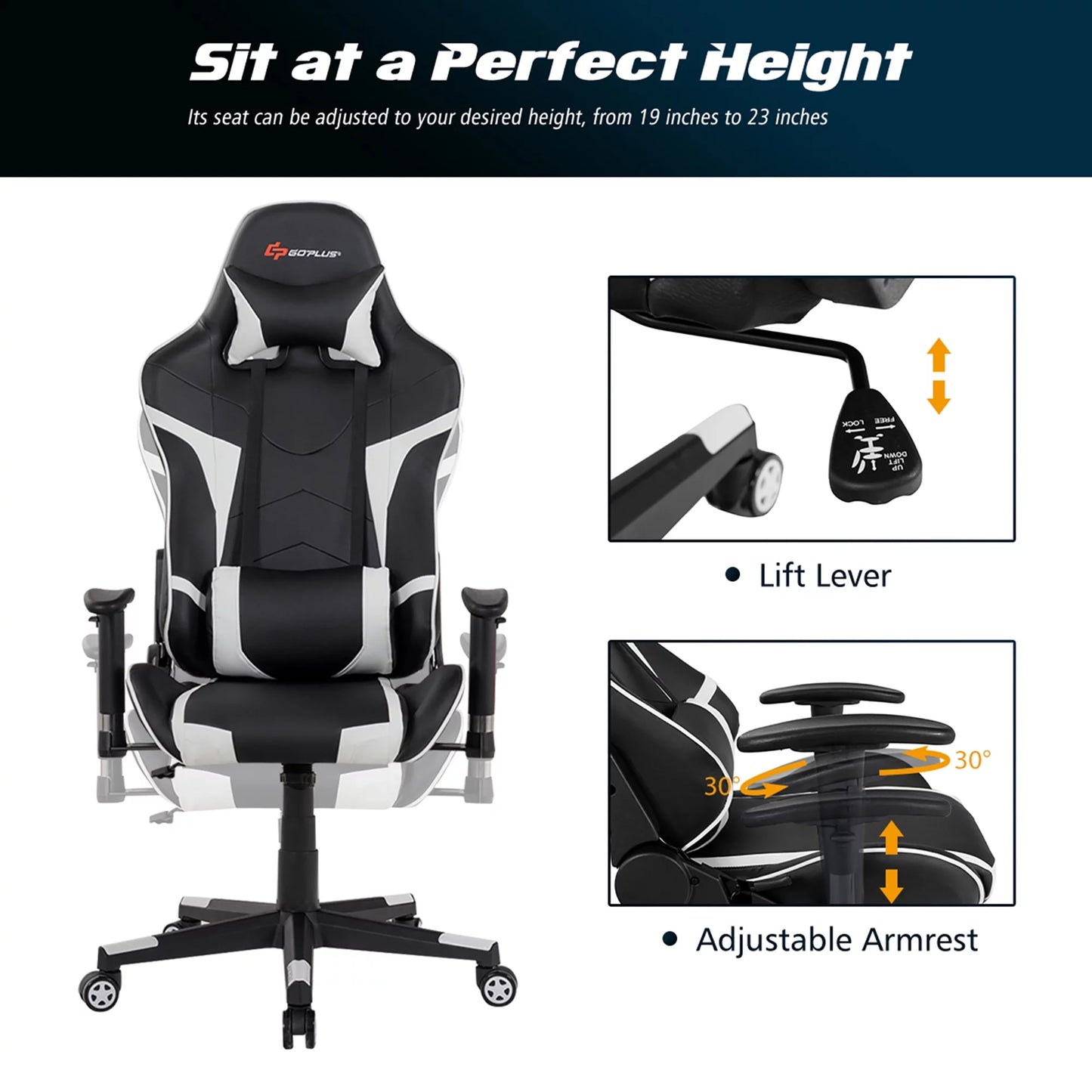 Goplus Massage Gaming Chair Racing Computer Swivel Chair with Headrest & Lumbar Support White