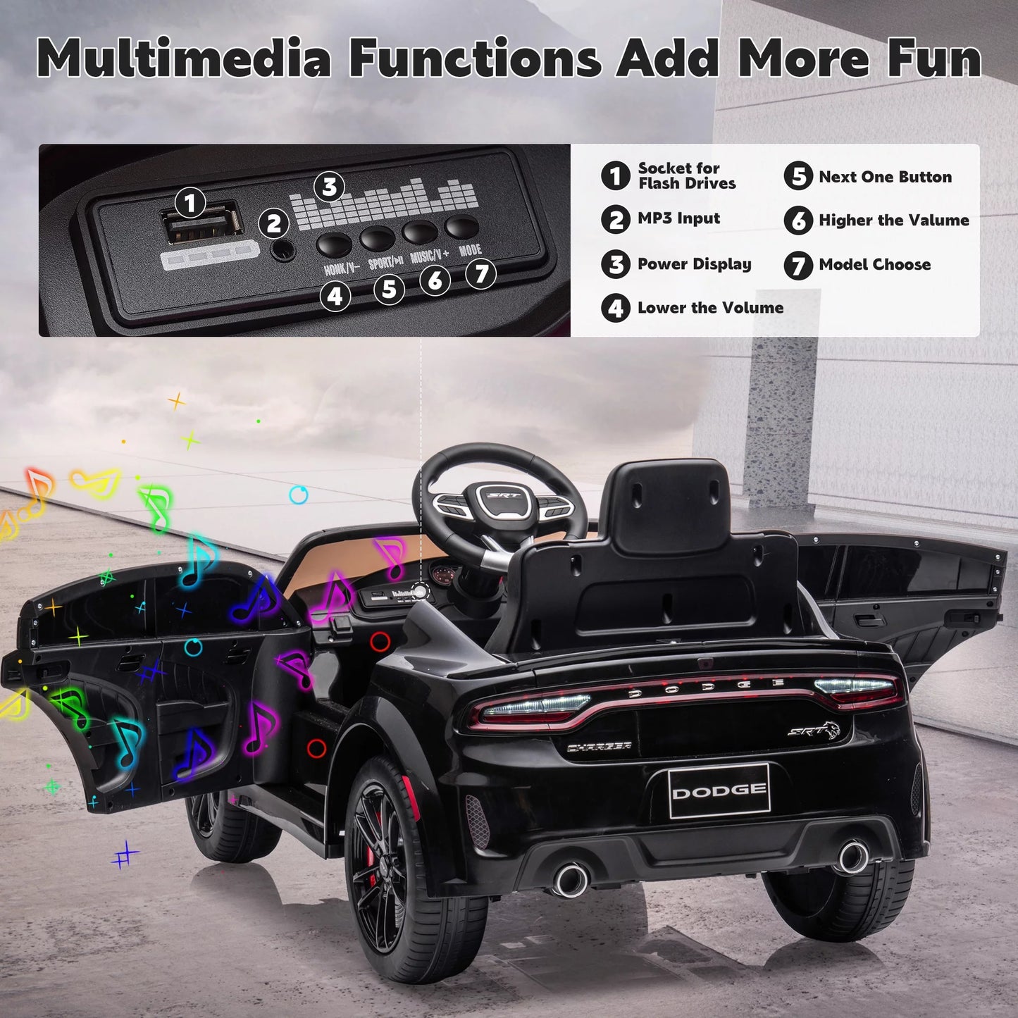 Dodge Electric Ride on Cars for Kids, 12V Licensed Dodge Charger SRT Powered Ride On Toys Cars with Parent Remote Control, Electric Car for Girls 3-5 w/Music Player/LED Headlights/Safety Belt, Black