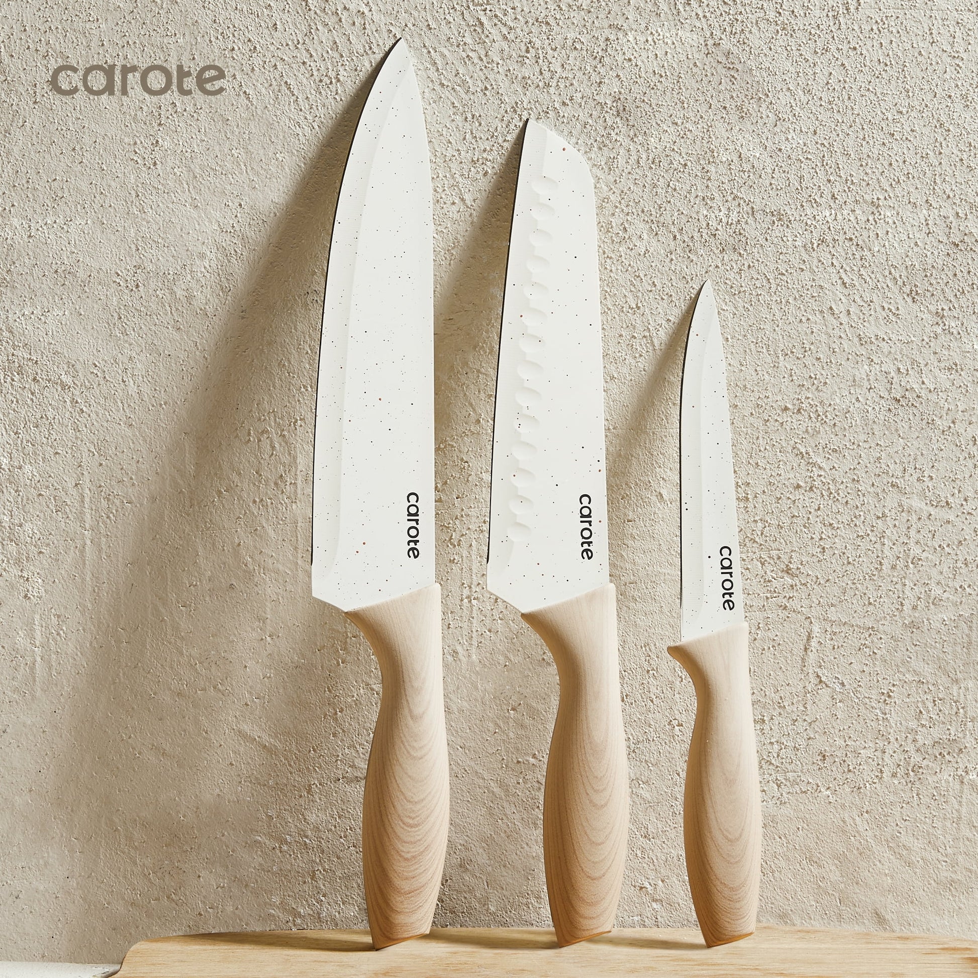 CAROTE 12PCS Knife Set with Blade Guards, White Granite Ceramic Coating, Stainless Steel Blade, Safe