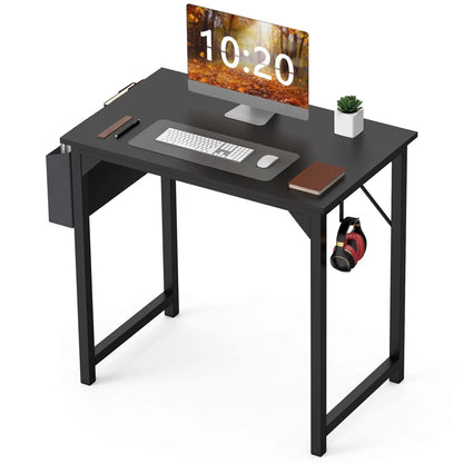 Small Computer Desk 31 Inch Writing Desk with Storage Bag Iron Hook Metal Frame for Home, Black