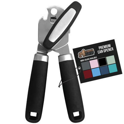 Gorilla Grip Stainless Steel Manual Can Opener, Soft Touch Handle, Large Turn Knob, Built-In Bottle Opener, Black