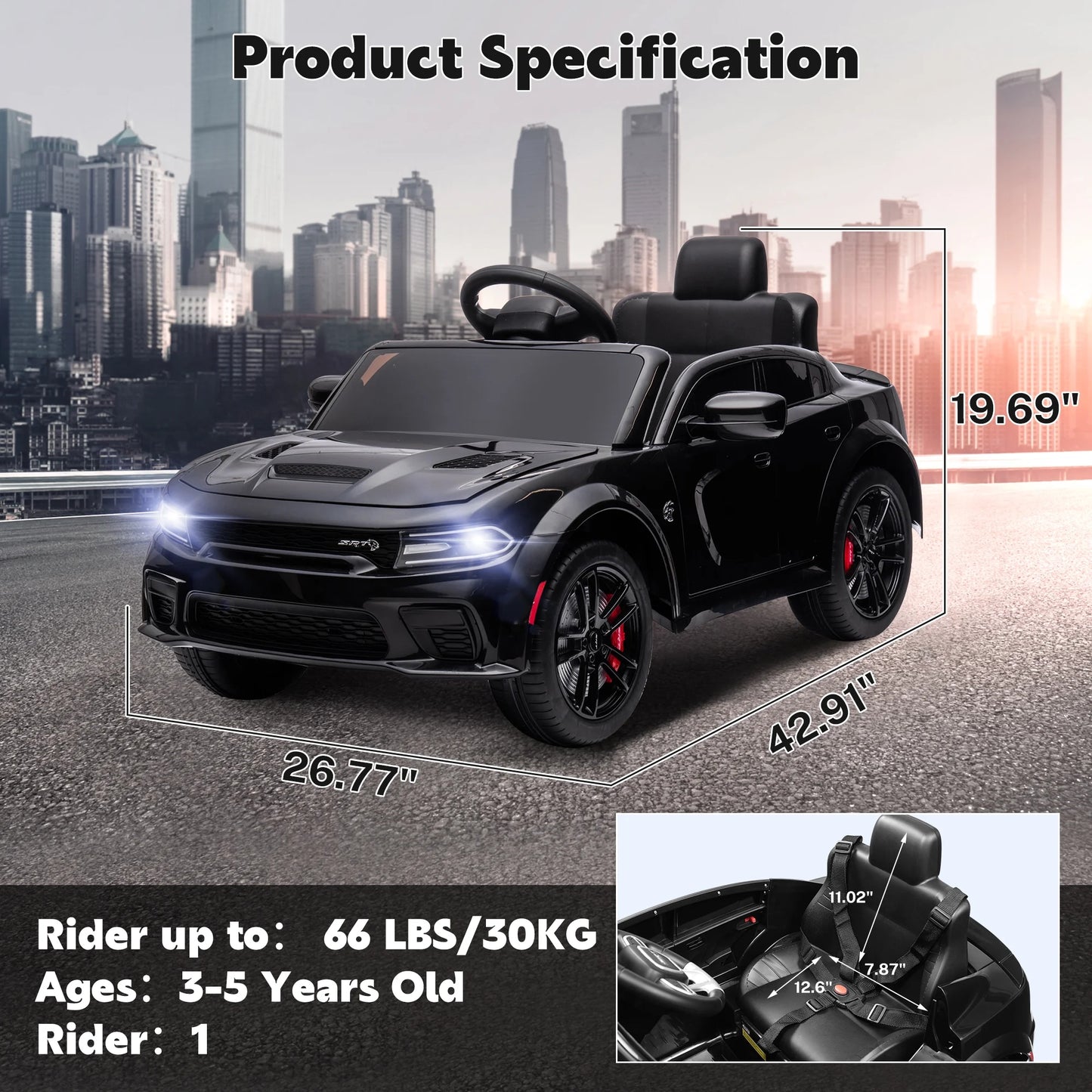 Dodge Electric Ride on Cars for Kids, 12V Licensed Dodge Charger SRT Powered Ride On Toys Cars with Parent Remote Control, Electric Car for Girls 3-5 w/Music Player/LED Headlights/Safety Belt, Black