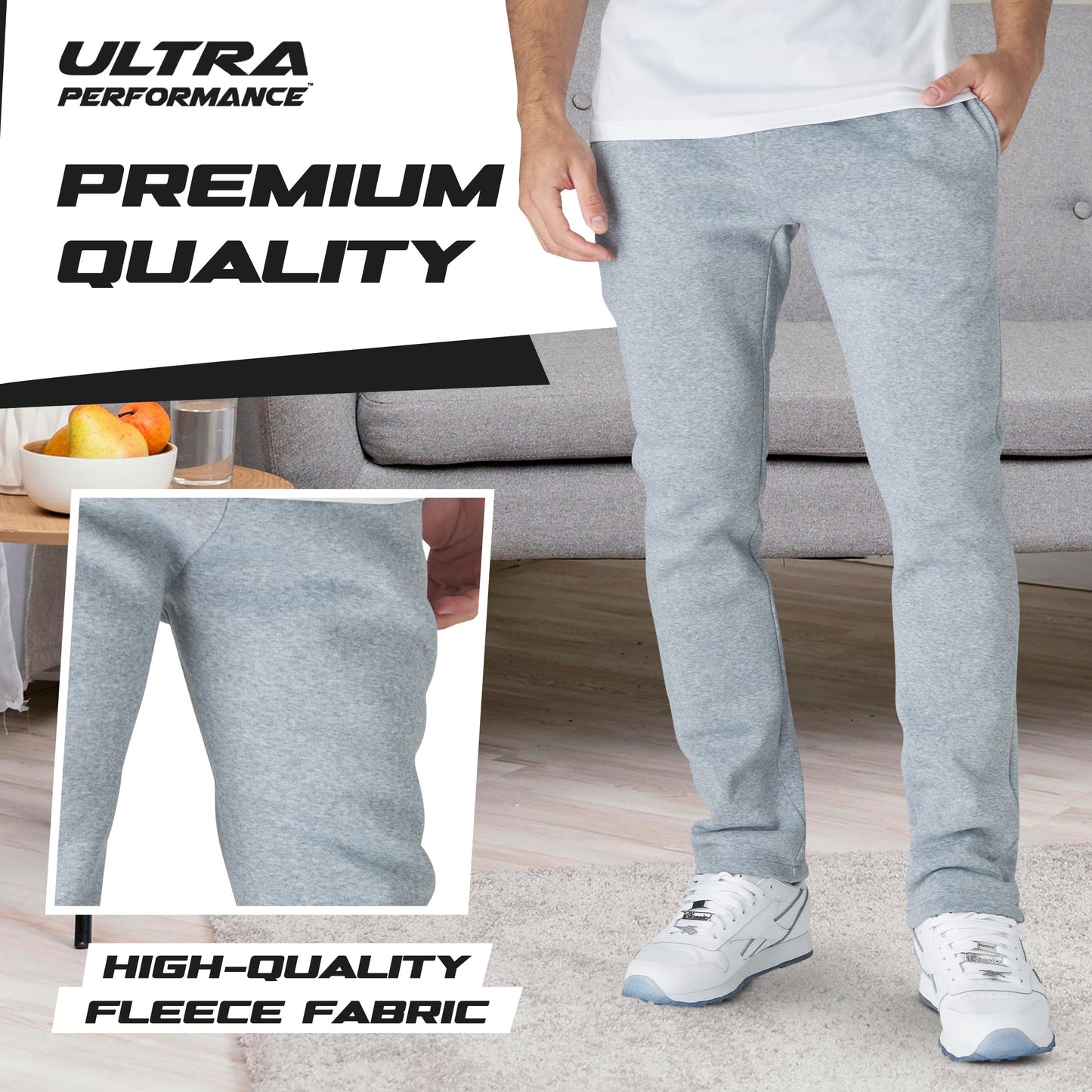 Ultra Performance 3 Pack Mens Fleece Wide Leg Sweatpants with Pockets, Open Bottom Workout Sweatpants for Men