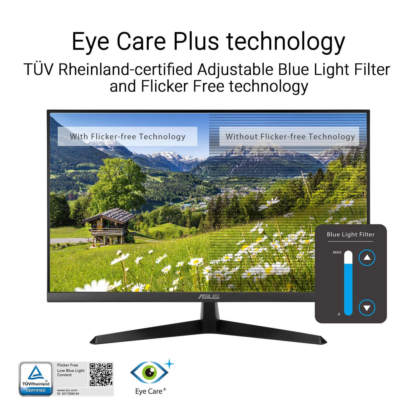 ASUS 27” 4K Eye Care Monitor (VY27UQ) - UHD (3840 x 2160), IPS, HDR10, Adaptive Sync, Eye Care Plus, Display Port, HDMI, Speaker, DisplayWidget, Blue Light Filter, Flicker Free, 3yr Warranty