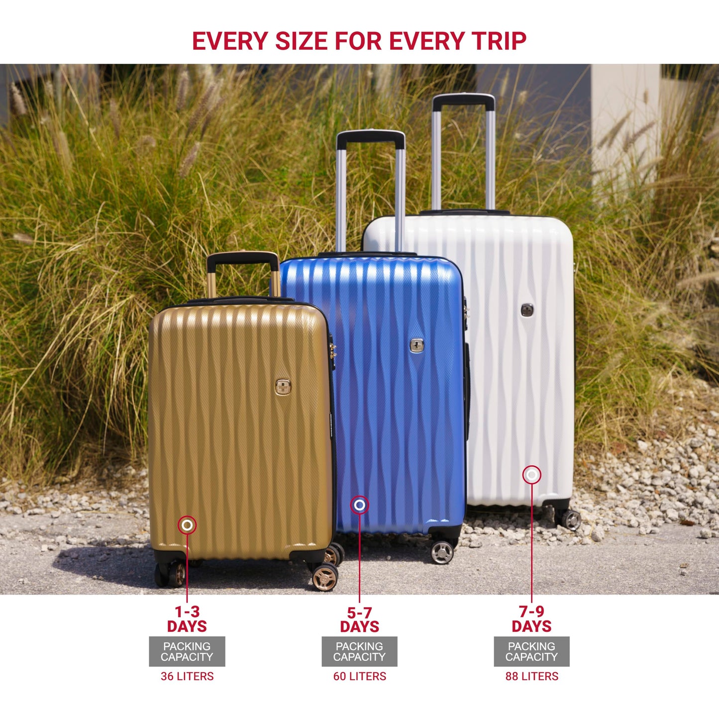 SwissGear 7272 Energie Expandable Hardside Luggage with Spinner Wheels and TSA Lock, Light Gold, 3-Piece Set (19/24/27)