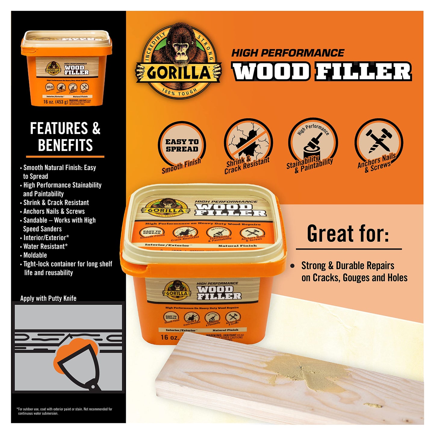 Gorilla All Purpose Wood Filler, 16 Ounce Tub, Natural (Pack of 1)