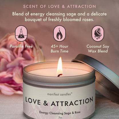 Manifest Candles Love Candle to Attract Love, 45 Hour Burn, Sage & Rose Candle, Romantic Candles, Spiritual Meditation Candles with Manifestation Crystals Bracelets for Women