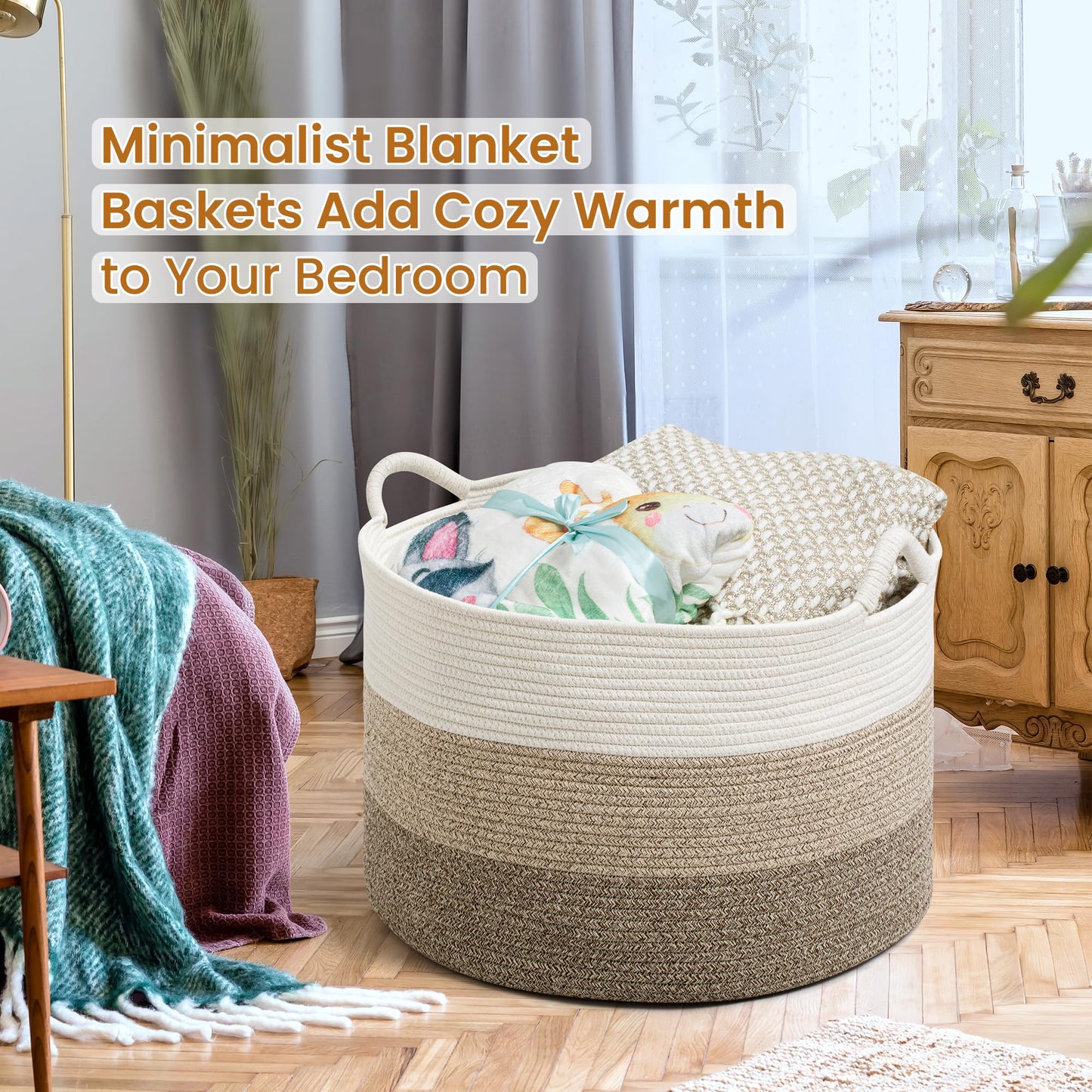 Large Woven Cotton Rope Storage Basket with Handles - Modern Round Laundry Hamper & Blanket Organizer for Nursery, Bedroom, Baby Toys, Pillows, Home Décor, 20"x13"