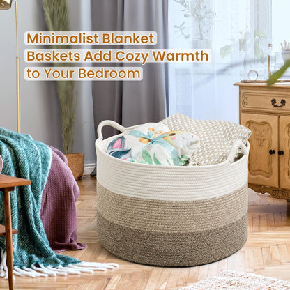 Large Woven Cotton Rope Storage Basket with Handles - Modern Round Laundry Hamper & Blanket Organizer for Nursery, Bedroom, Baby Toys, Pillows, Home Décor, 20"x13"