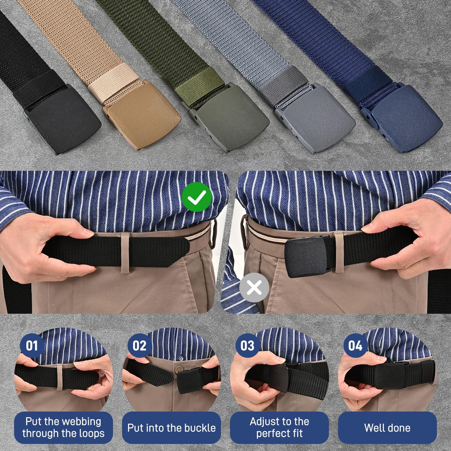 UNGGJKB Tactical Men's Nylon Belts,5 Pack Mens Belts Casual，Military Canvas Outdoor Metal-free Belts