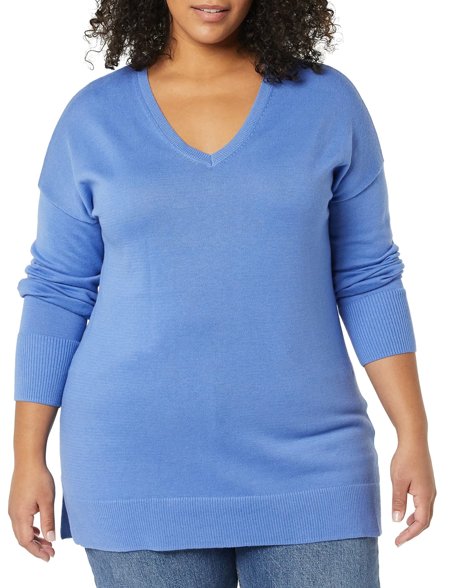 Amazon Essentials Women's Lightweight Long-Sleeve V-Neck Tunic Sweater (Available in Plus Size), Blue, X-Large