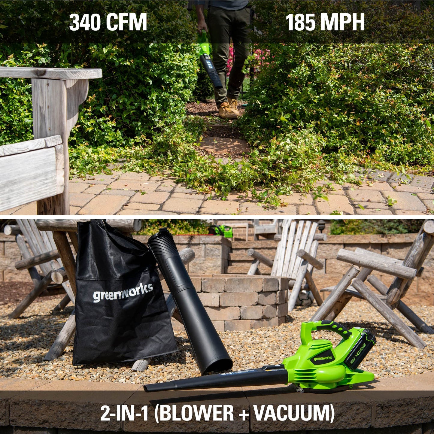 Greenworks 40V (185 MPH / 340 CFM / 75+ Compatible Tools) Cordless Brushless Leaf Blower / Vacuum, 4.0Ah Battery and Charger Included