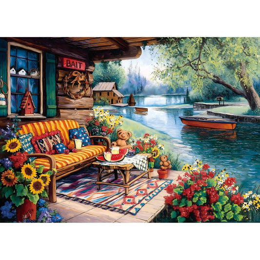 Lake House 1000 Piece Puzzle for Adults Summer Lakeside Retreat Jigsaw Puzzle Cozy Cabin Dock Sunflowers Boat Beautiful Landscape Challenging Adult Puzzles for Game Night (27.6"x19.7")