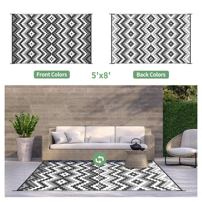 GENIMO Outdoor Rug Waterproof 5x8 ft, Lightweight Plastic Straw Rugs, Outside Reversible Area Mat Carpet for Patio, Camping, RV, Deck, Balcony, Porch, Backyard, Black & White
