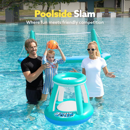 JOYIN Inflatable Pool Float Set Volleyball Net & Basketball Hoops, Floating Swimming Game Toy for Kids and Adults, Summer Floaties, Volleyball Court (105”x28”x35”)|Basketball (27”x23”x27”),L-Blue