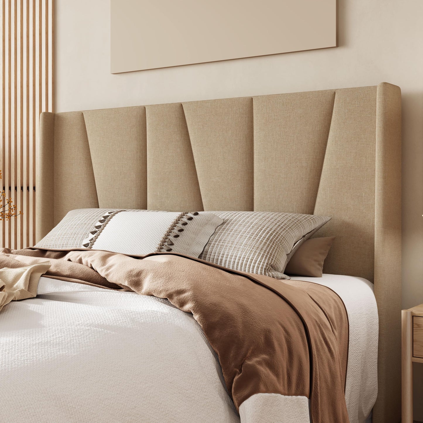 Allewie Queen Size Platform Bed Frame with Geometric Wingback Headboard, Modern Upholstered Bed with Wooden Slats Support, No Box Spring Needed, Easy Assembly, Beige