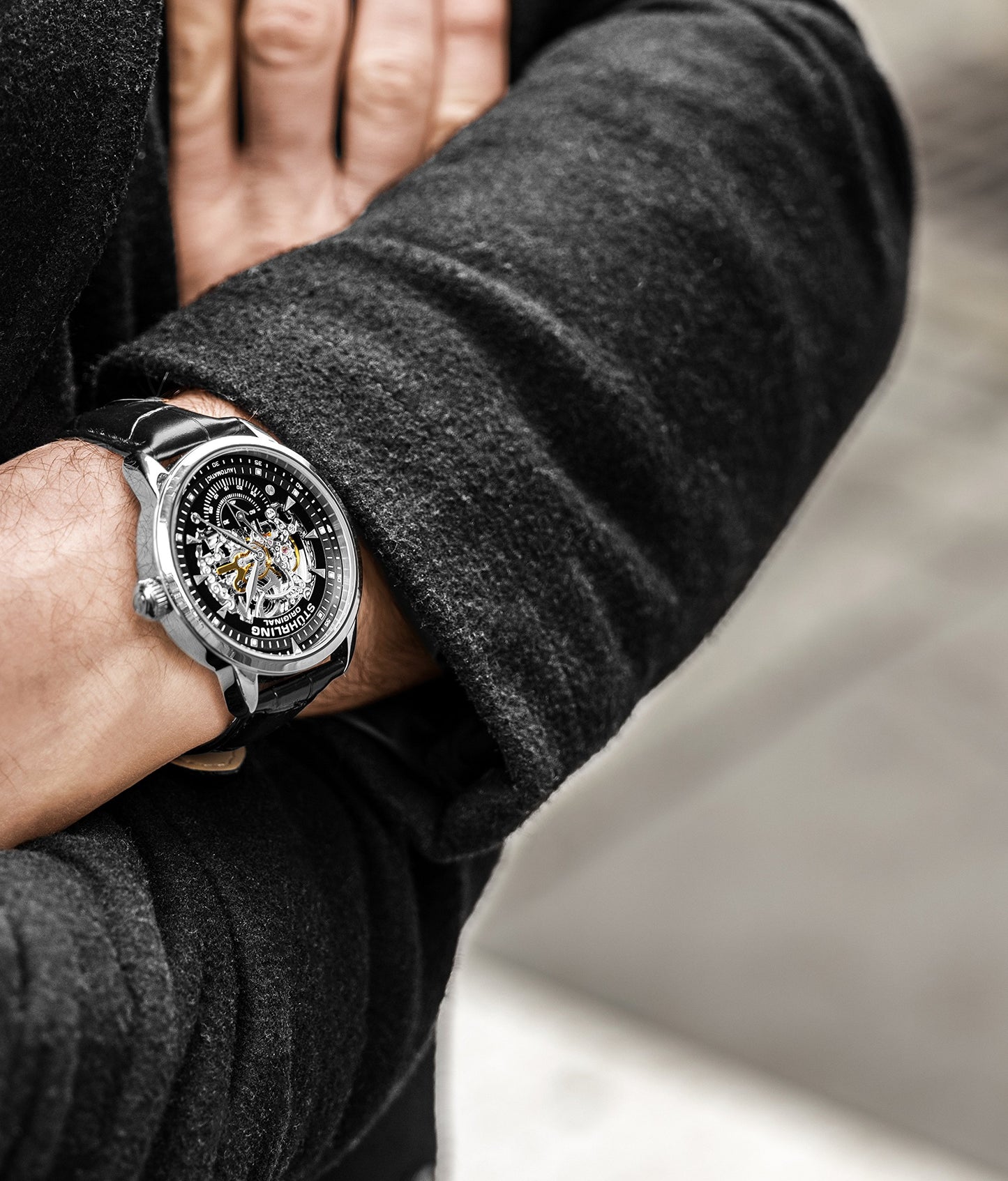 Stuhrling Original Mens Watch-Automatic Skeleton Dial - Black Leather Watch Strap Mechanical Watch Silver Executive (Black)