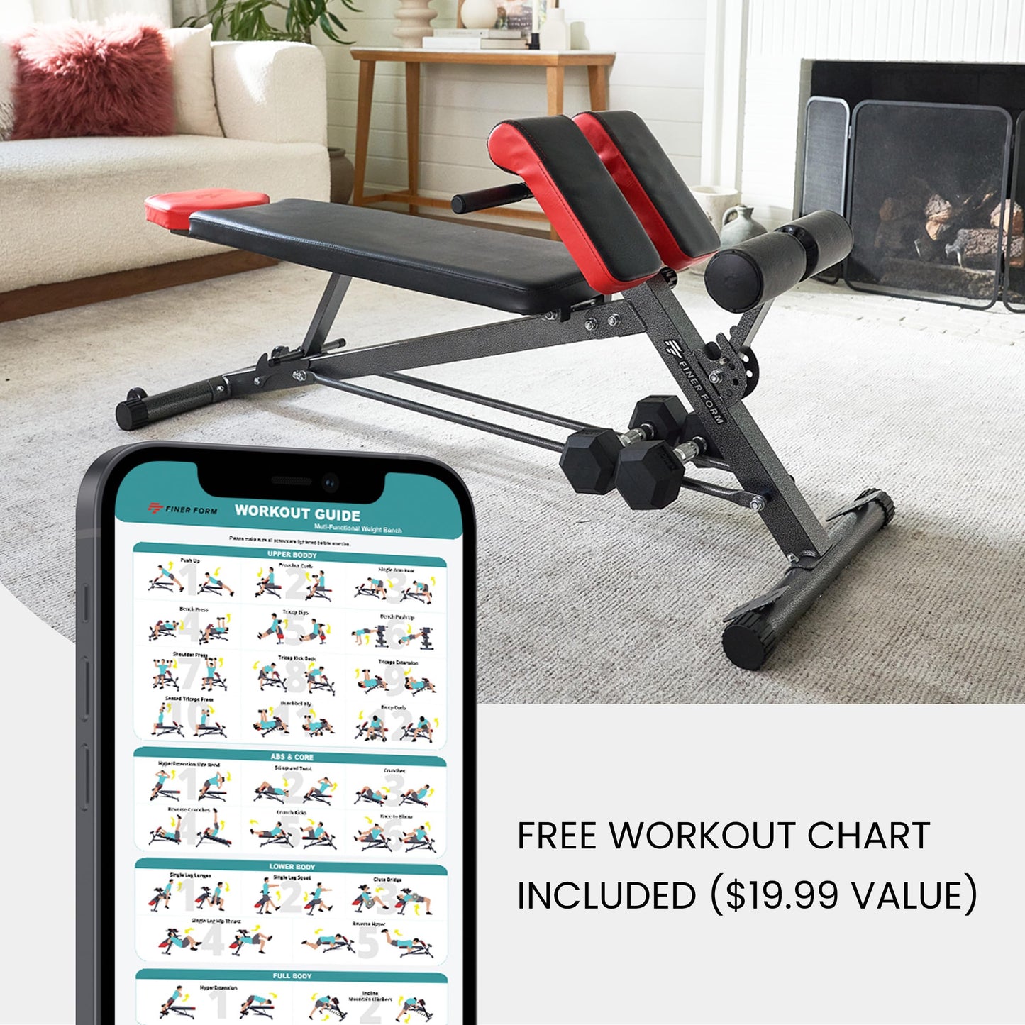 FF Finer Form Multi-Functional Weight Bench for Full All-in-One Body Workout – Adjustable Workout Bench Press for Home Gym, Fitness equipment for Back HyperExtension, Roman Chair Exercise, Sit up