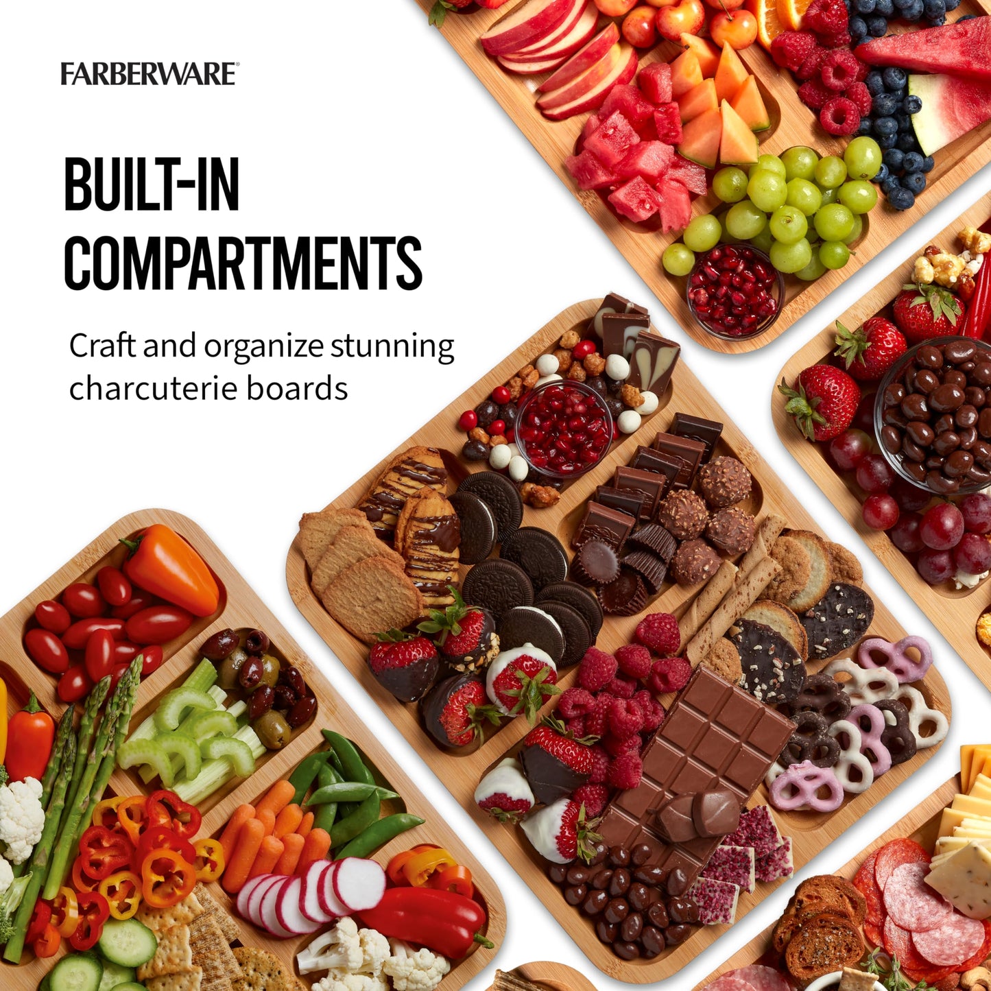 FARBERWARE Build-a-Board Cutting Board with Compartments and Clear Locking Lid for Charcuterie, Snacks, Bamboo