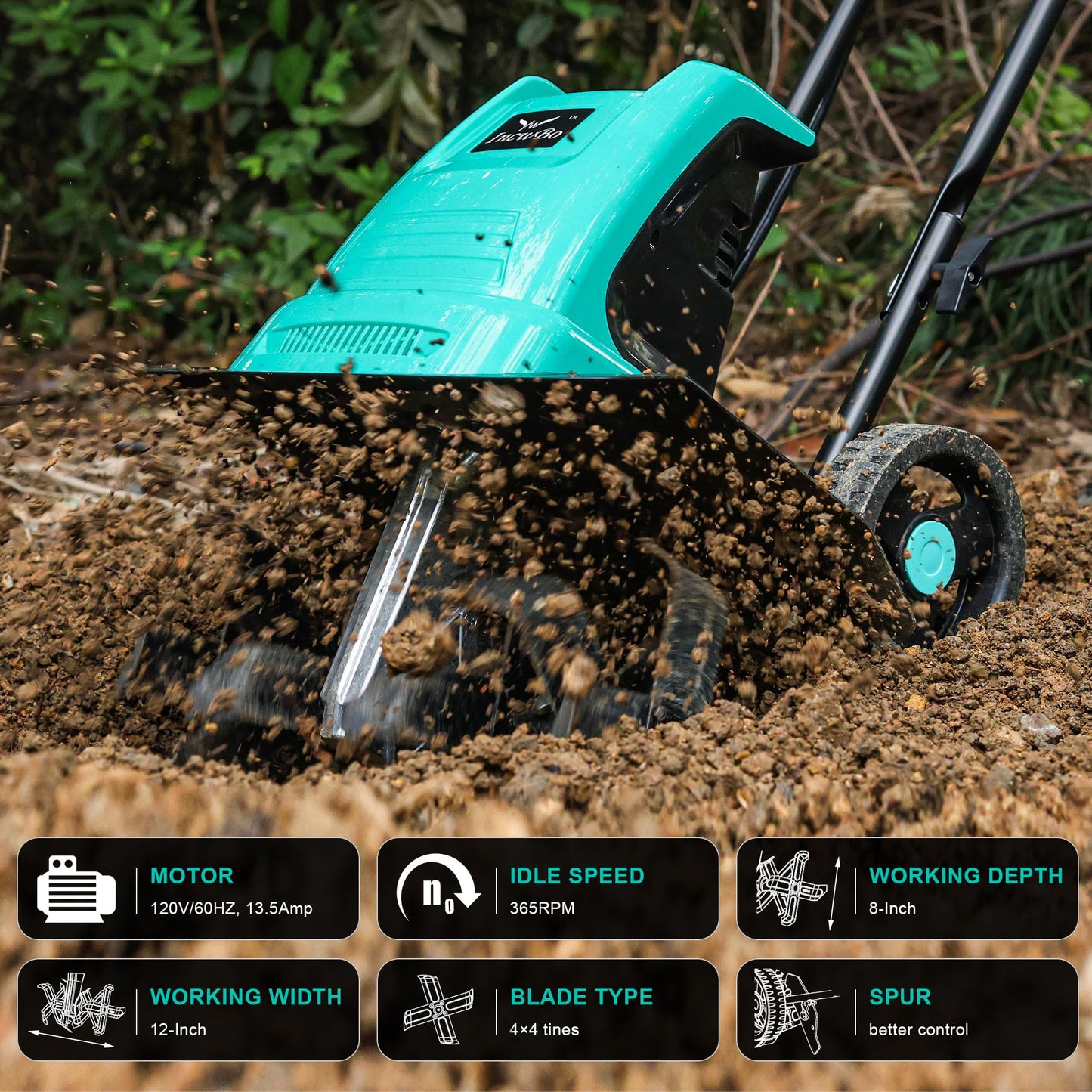 IncwBo 13.5 Amp 12 Inch Electric Tiller/Cultivator with 4 Steel Tines, 8'' Tilling Depth Small Garden Tiller for Gardening, Corded Rototiller with Adjustable Wheels