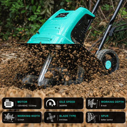IncwBo 13.5 Amp 12 Inch Electric Tiller/Cultivator with 4 Steel Tines, 8'' Tilling Depth Small Garden Tiller for Gardening, Corded Rototiller with Adjustable Wheels