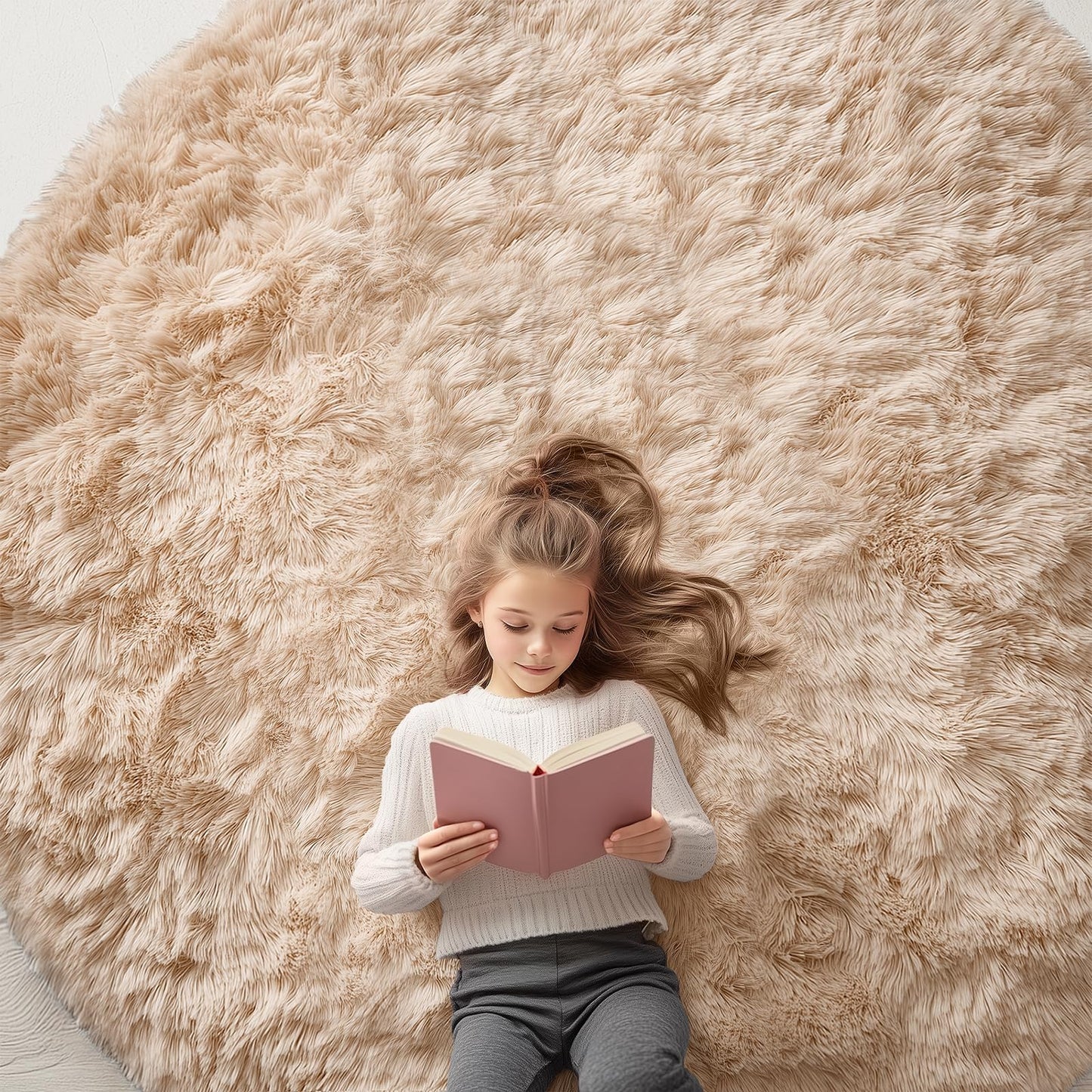 OLANLY Beige Round Rugs for Bedroom - Machine Washable, 7x7 Feet Circle Area Rugs for Living Room, Soft and Fluffy Shaggy Carpet for Teen Girls and Boys, Dorms, Nursery Rooms, Home Decor Aesthetic