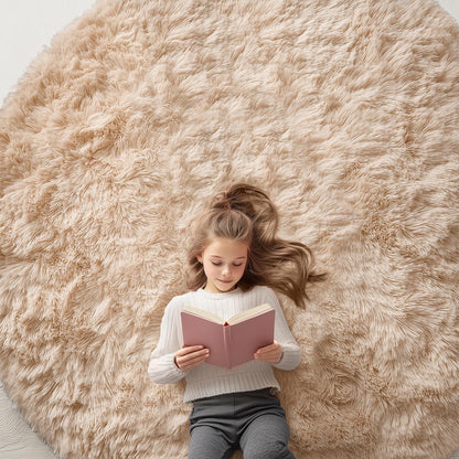 OLANLY Beige Round Rugs for Bedroom - Machine Washable, 7x7 Feet Circle Area Rugs for Living Room, Soft and Fluffy Shaggy Carpet for Teen Girls and Boys, Dorms, Nursery Rooms, Home Decor Aesthetic
