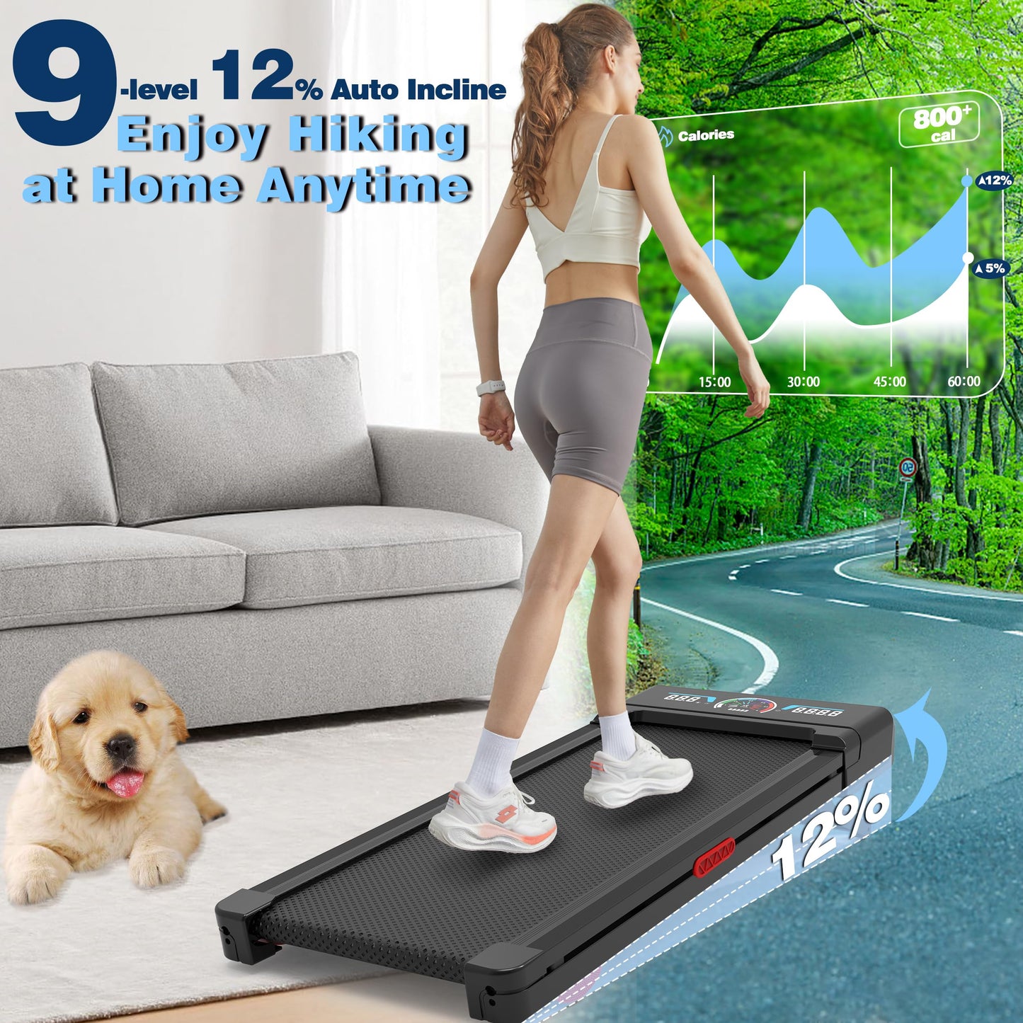 TRAILVIBER Walking Pad Treadmill with 12% 9-Level Auto Incline, 450 lbs Capacity and RGB LED Screen Under Desk Treadmill with Auto Incline and Hiking Mode, Compact Treadmills for Home Small/Office