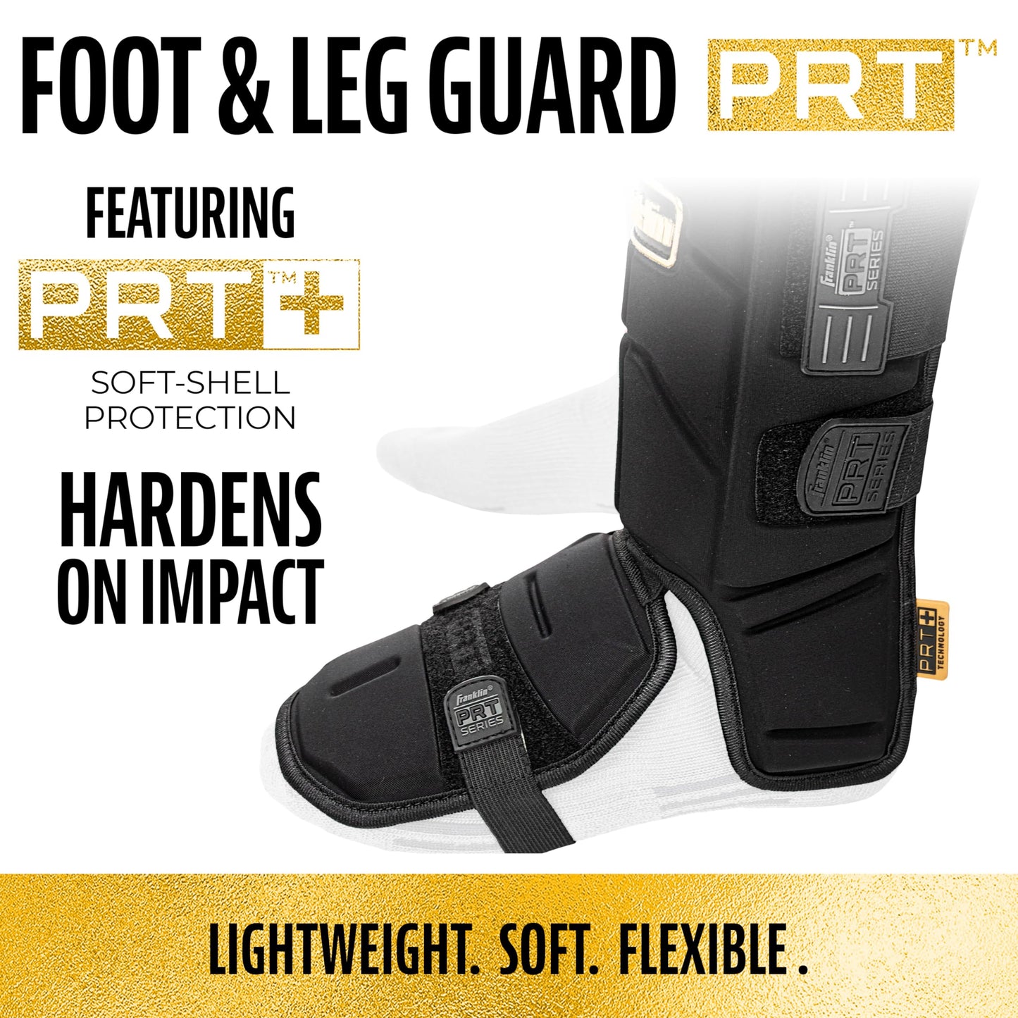 Franklin Sports Baseball + Softball Leg Guard - PRT Series Adult Shin + Foot Shield for Batting - Protective Leg + Ankle Guard with Toe Plate - Right Hand + Left Hand Hitters - Black/Gold - One Size
