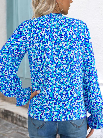 MASCOMODA Womens V Neck Floral Long Sleeve Tops 2024 Summer Casual Loose Puff Sleeve Chiffon Boho Work Blouse Dressy T Shirts(Blue,Small)